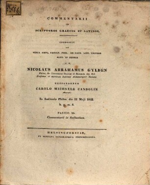 Commentarii in scriptores Graecos et Latinos, Partic. 25.. Commentarii in Sallustium