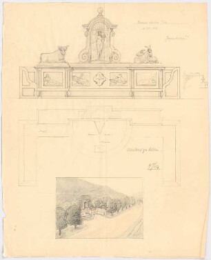 Brunnen: Ansicht, Grundriss, perspektivische Ansicht