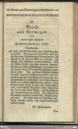 III. Briefe aus Norwegen von einem dahin reisenden Frauenzimmer, 1755.