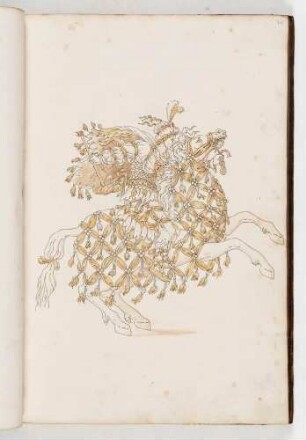 Reiter mit Turban und in einem prachtvollen mit Bändern verzierten Kostüm auf einem springenden Pferd, in: Equestrium statuarum [...] formae [...] artificiosissime pictis, Bl. 20