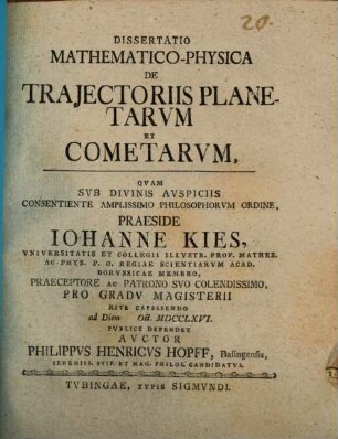 Diss. math. phys. de traiectoriis planetarum et cometarum