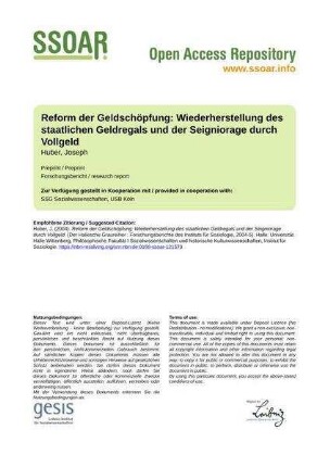Reform der Geldschöpfung: Wiederherstellung des staatlichen Geldregals und der Seigniorage durch Vollgeld