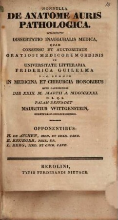 Nonnulla de anatome auris pathologica : dissertatio inauguralis medica