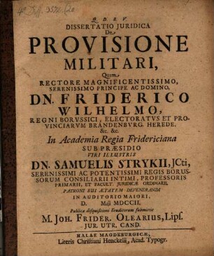 Dissertatio Juridica De Provisione Militari