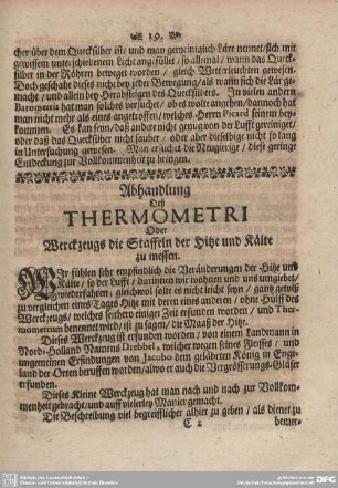 Abhandlung deß Thermometri Oder Werckzeugs die Staffeln der Hitze und Kälte zu messen.