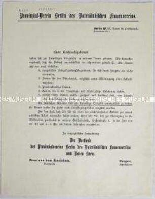 Rundschreiben des Vaterländischen Frauenvereins zu den Voraussetzungen für die Einstellung von Freiwilligen