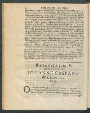 Exercitatio. V. Respondente Johanne Casparo de Klosen, Silesio.