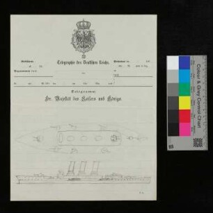 Projekte für Kleine Kreuzer: Handzeichnungen Kaiser Wilhelm II. auf Telegrammvordruck, um 1914/1915