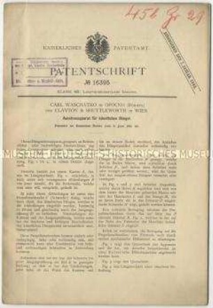 Patentschrift eines Ausstreuapparates für künstlichen Dünger, Patent-Nr. 16395