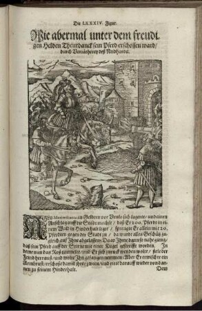 Die LXXXIV. Figur. Wie abermal unter dem freudigen Helden Theurdanck sein Pferd erschossen ward/ durch Verrätherey deß Neidhards