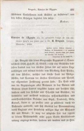 487-524 [Rezension] Brugsch, Heinrich, Histoire d'Egypte dés les premiers temps de son existance jusqu'à nos jours