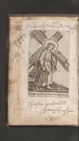 Kupferstich (eingeklebt): Christus mit Marterwerkzeugen und Kreuz