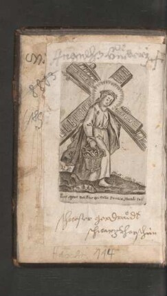 Kupferstich (eingeklebt): Christus mit Marterwerkzeugen und Kreuz