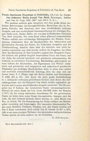 97 [Rezension] Beek, Cornelius Johannes Maria van, Passio sanctarum Perpetuae et Felicitatis ; 1.Textus graecus et latinus ad fidem codicum MSS.