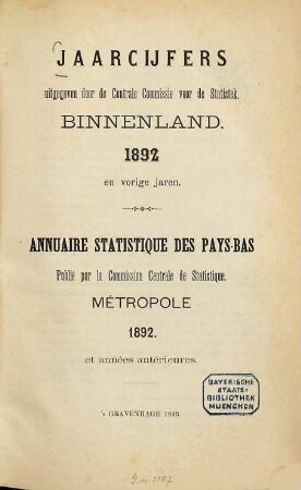 Jaarcijfers voor het Koninkrijk der Nederlanden. Binnenland = Métropole : = Annuaire statistique pour le Royaume des Pays-Bas. 1892 (1893)