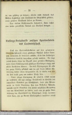 Umfangs-Verhältnisse zwischen Spiritusfabrik und Landwirthschaft