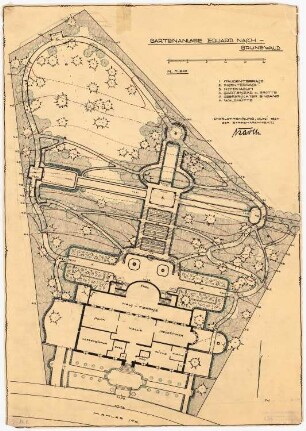 Garten Nasch, Berlin-Grunewald: Grundriss der geplanten Gartenanlage mit Grundriss des Wohnhauses, Höhenlinien und Legende 1:200, Maßstabsleiste, skizzierte Veränderung der südlichen Grundstücksgrenzen
