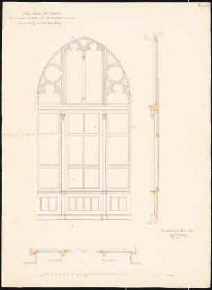 Evangelische Kirche, Modlau Wiederaufbau: Aufriss, Grundriss und Schnitt von Glasverschlag mit Tür und Schiebefenstervorrichtung an der herrschaftlichen Loge, Maßstabsleiste