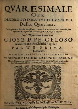 Quaresimale Overo Discorsi Sopra Tutti I Vangeli Dela Quaresima, 1
