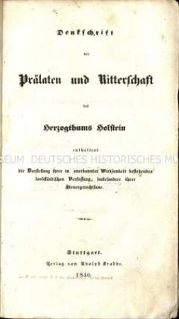 Denkschrift der Landstände des Herzogtums Holstein über die Verfassung des Landes