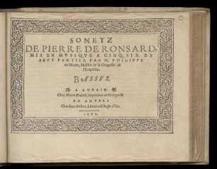 Philippe de Monte: Sonetz de Pierre de Ronsard... Bassus