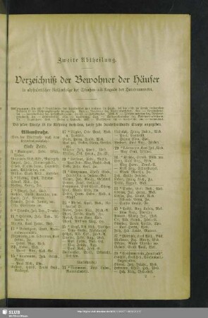 Zweite Abtheilung. Häuserbuch : Zweite Abtheilung. Verzeichniß der Bewohner der Häuser in alphabetischer Reihenfolge der Straßen mit Angabe der Hausnummern