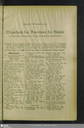 Zweite Abtheilung. Häuserbuch : Zweite Abtheilung. Verzeichniß der Bewohner der Häuser in alphabetischer Reihenfolge der Straßen mit Angabe der Hausnummern