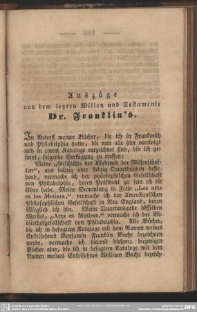 Auszüge aus dem letzten Willen und Testamente Dr. Franklin's