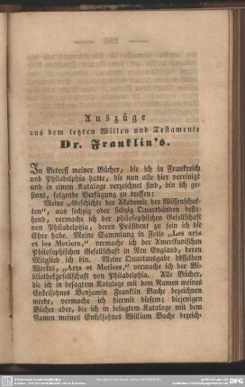 Auszüge aus dem letzten Willen und Testamente Dr. Franklin's