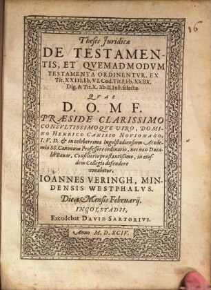Theses Juridicae De Testamentis, Et Qvemadmodvm Testamenta Ordinentvr : Ex Tit. XXIII. lib. VI. Cod. Tit. I. lib. XXIIX. Dig. & Tit. X. lib. II. Inst. selectae