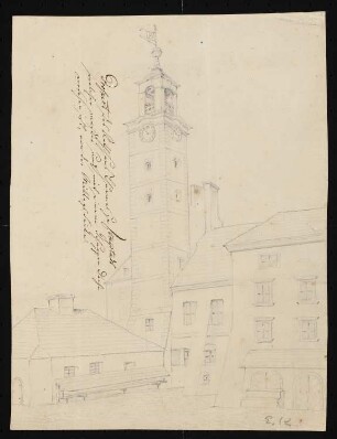 Rathaus, Freystadt: Perspektivische Ansicht des Rathausturms