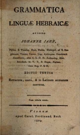Grammatica linguae Hebraicae : Cum tabula aenea