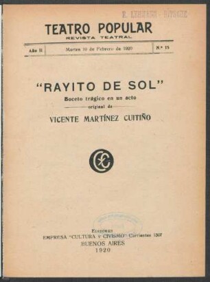 2.1920=Nr. 15: Rayito de sol : boceto trágico en un acto