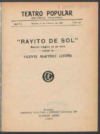 2.1920=Nr. 15: Rayito de sol : boceto trágico en un acto