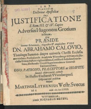 Vindiciae Doctrinae Apostolicae De Iustificatione E Rom. III. & IV. Capite Adversus Hugonem Grotium institutae