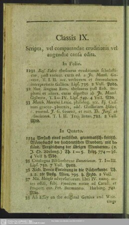 Classis IX. Scripta, vel comparandae eruditionis vel augendae causa edita