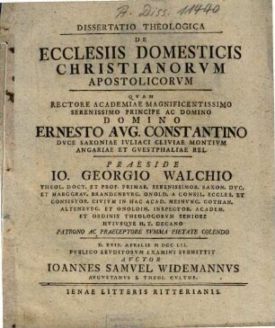 Dissertatio Theologica De Ecclesiis Domesticis Christianorum Apostolicorum