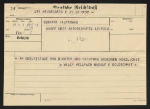 Brief von Willy Hellpach und Rudolf K. Goldschmit-Jentner an Gerhart Hauptmann
