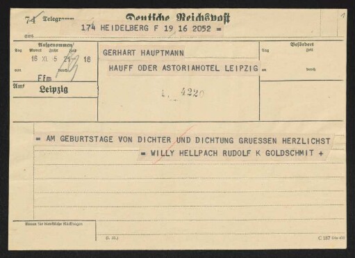Brief von Willy Hellpach und Rudolf K. Goldschmit-Jentner an Gerhart Hauptmann