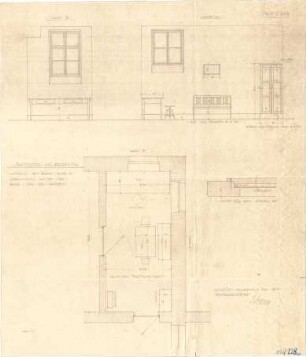 Fischer, Theodor; Heilbronn; Stadt-Theater - Ausstattung der Räume Nr. 28 im UG (Grundriss, Wandabwicklungen, Schnitt)