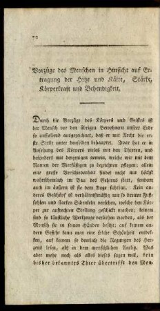 Vorzüge des Menschen in Hinsicht auf Ertragung der Hitze und Kälte, Stärke, Körperkraft und Behendigkeit