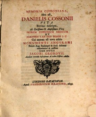 Jacobi Gronovii Memoria Cossoniana : hoc est Danielis Cossonii vita breviter descripta