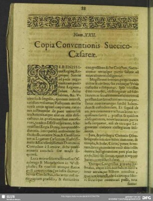 Num. XXII. Copia Conventionis Suecico-Caesareae