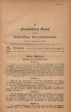 II. Preußisches Gesetz über die freiwillige Gerichtsbarkeit. Vom 21. September 1899.