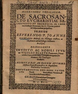 Assertiones theologicae, de sacrosancto eucharistiae sacramento et sacrificio