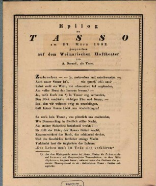 Epilog zu Tasso : am 27. März 1832 gesprochen auf dem Weimarischen Hoftheater von A. Durand, als Tasso