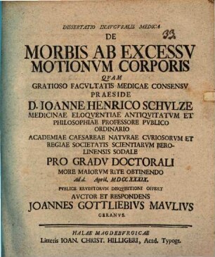 Dissertatio Inavgvralis Medica De Morbis Ab Excessv Motionvm Corporis