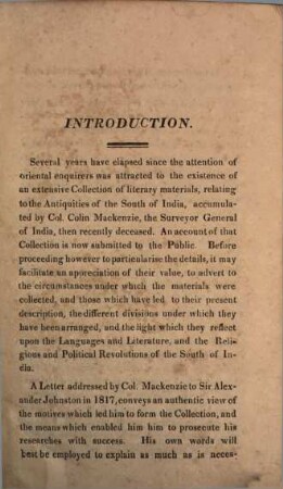 Mackenzie Collection : a descriptive catalogue of the oriental manuscripts and other articles illustrative of the literature, history, statistics and antiquities of the South of India, collected by the late Lieut.-Col. Colin Mackenzie, 1