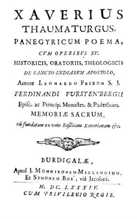 Xaverius Thaumaturgus, Panegyricum Poema