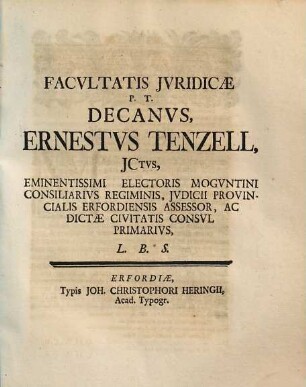 Facultatis Juridicae ... Decanus ... : [Einladung zur jurist. Disputation von Eberhard Sigismund Wincop, 1732]